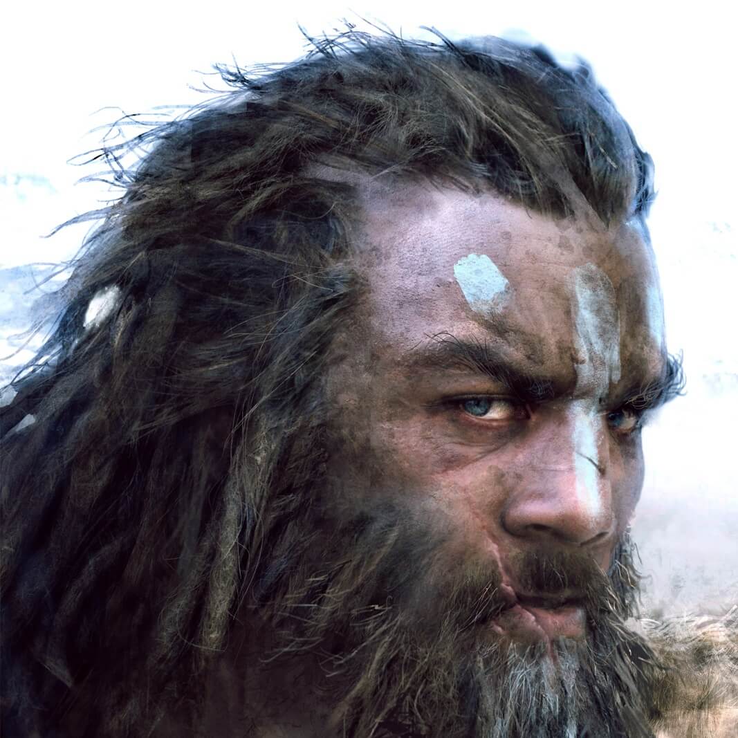 An image of a tribal caveman-like person with blue face-paint.